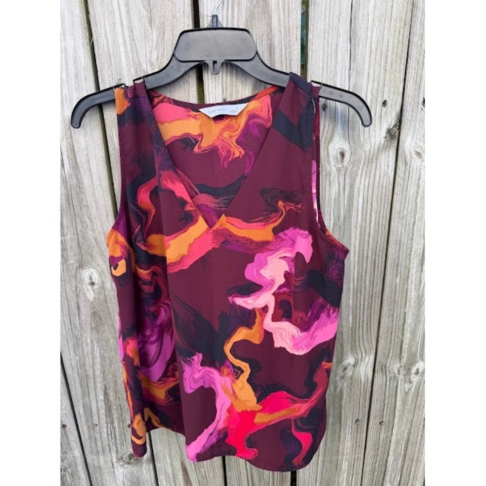 Abstract Artistic Nine West Tank Top Size M Burgundy Magenta Swirl V-Neck Blouse